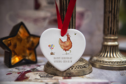 Birthday Chicken Ceramic Heart