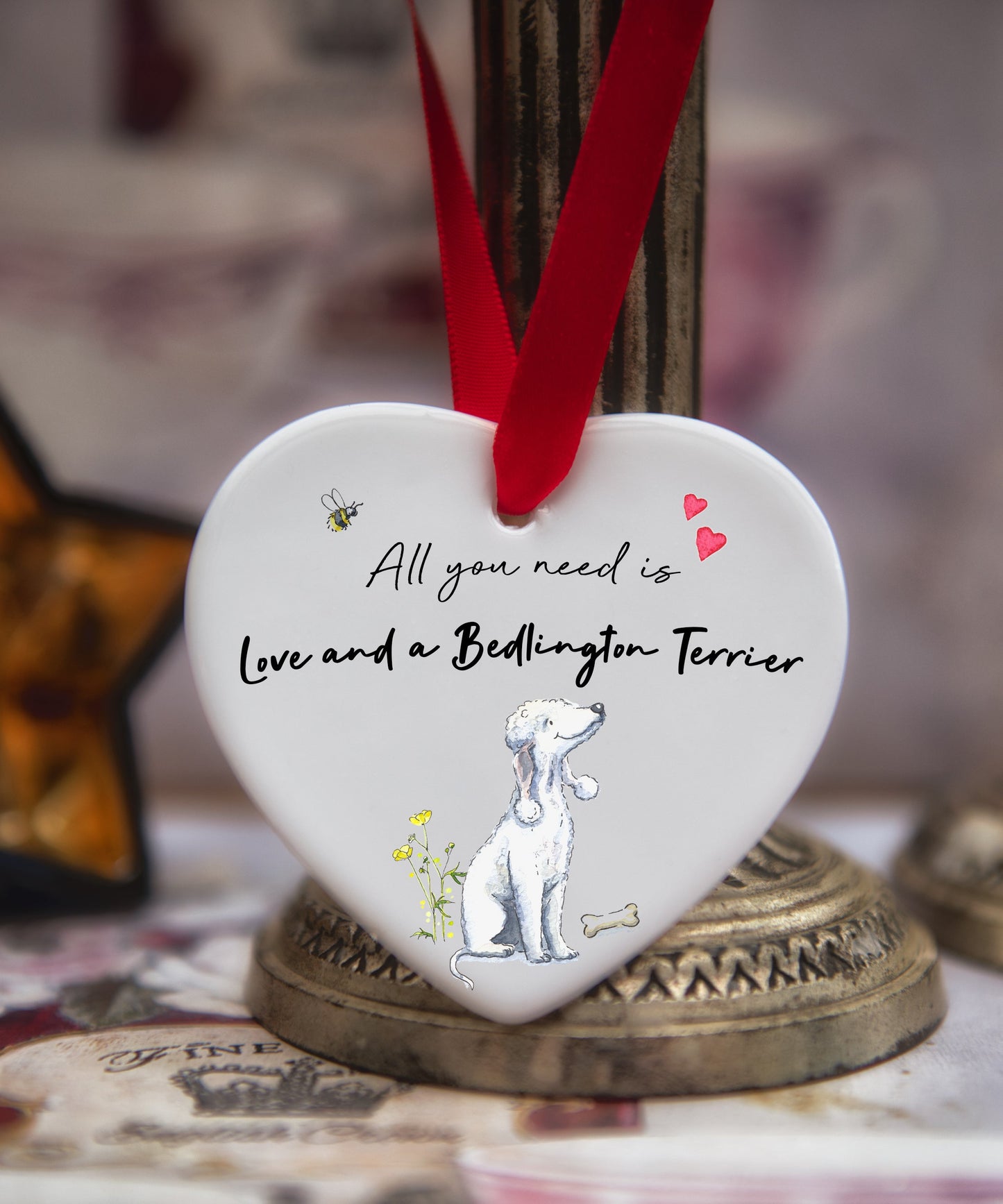 Love and a Bedlington Terrier Ceramic Heart