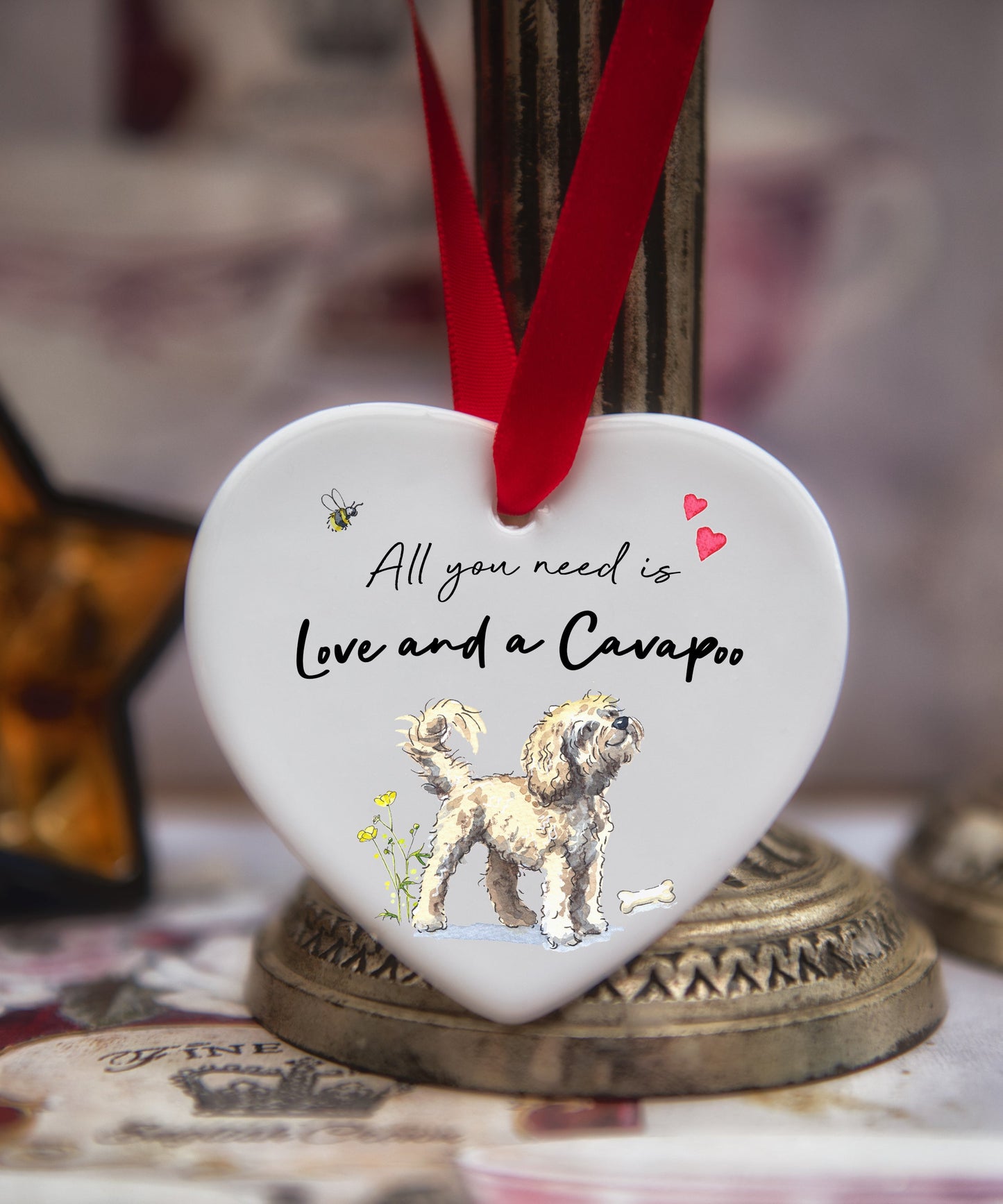 Love and a Cavapoo Blonde Ceramic Heart