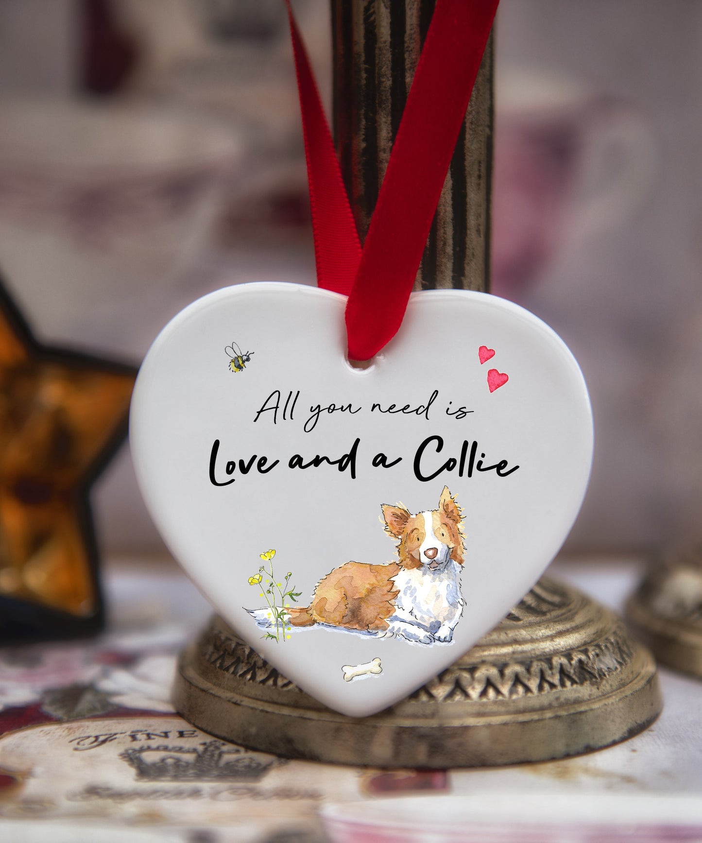 Love and a Collie Tan & White Ceramic Heart