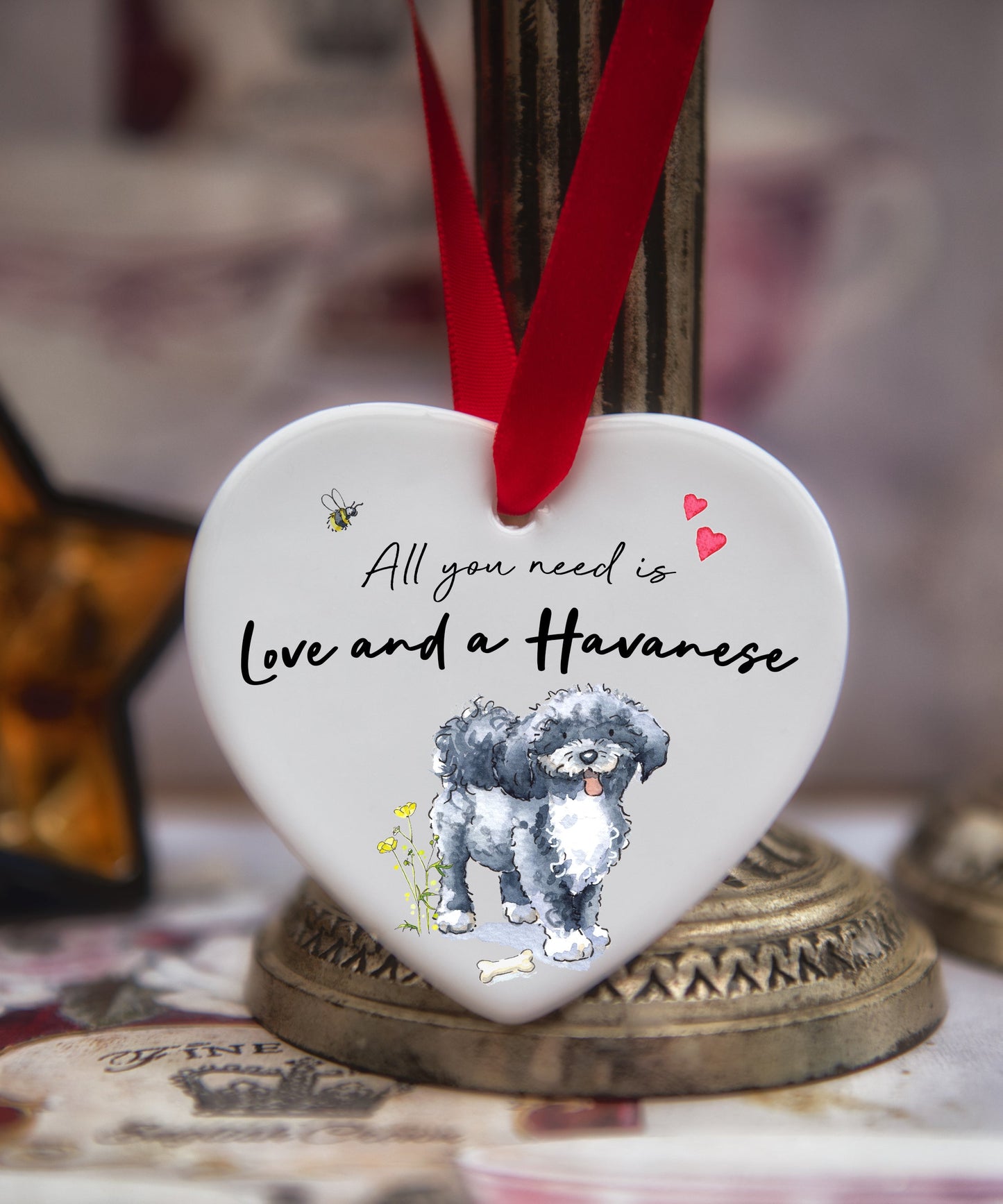 Love and a Havanese Fawn Grey & White Ceramic Heart