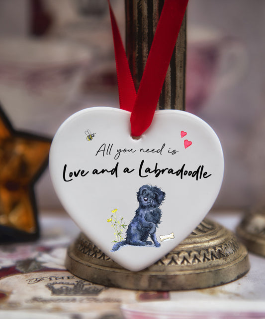 Love and a Labradoodle Black Ceramic Heart