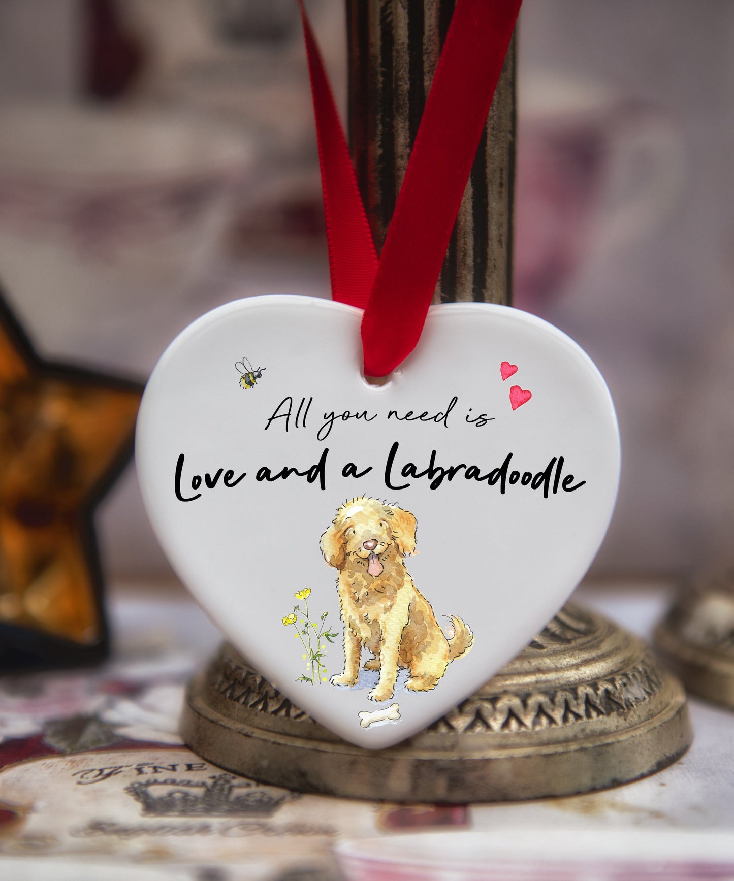 Love and a Labradoodle Golden Ceramic Heart