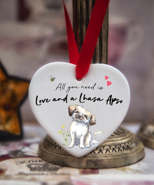 Love and a Lhasa Apso White Ceramic Heart