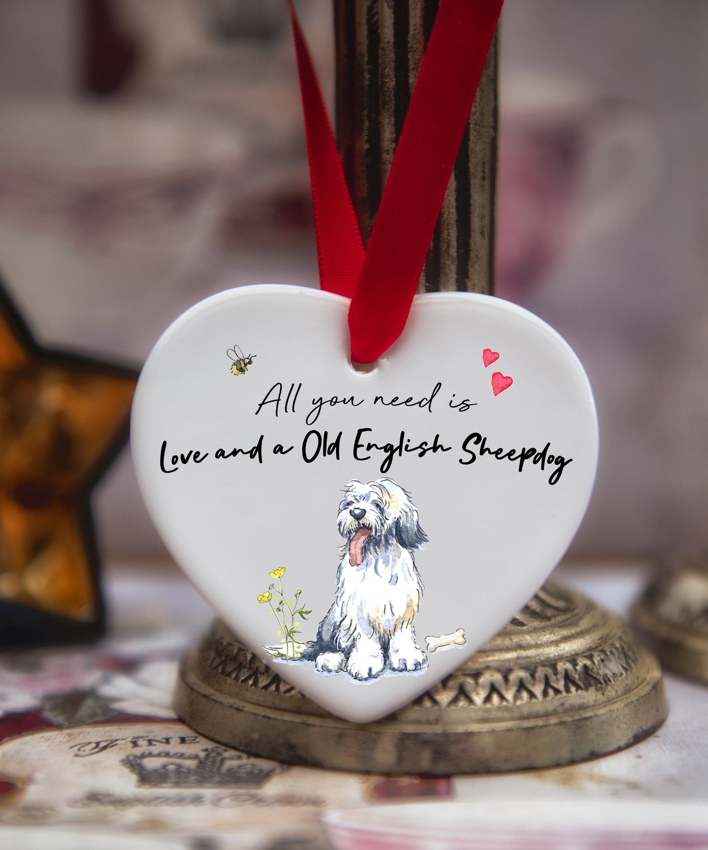 Love and a English Sheepdog Ceramic Heart