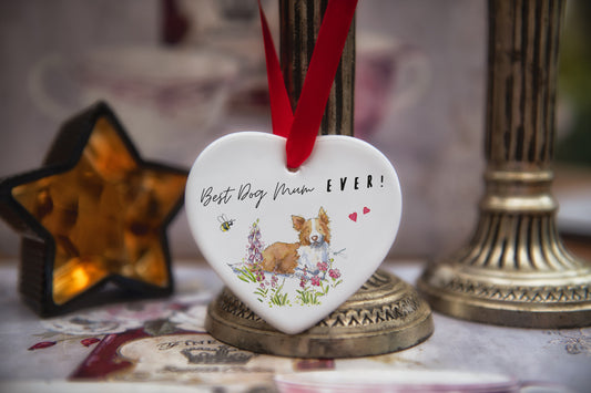 Best Dog Mum Collie Tan & White Ceramic Heart