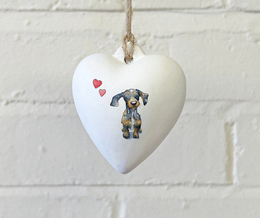 Dachshund Dapple Ceramic Heart Bauble