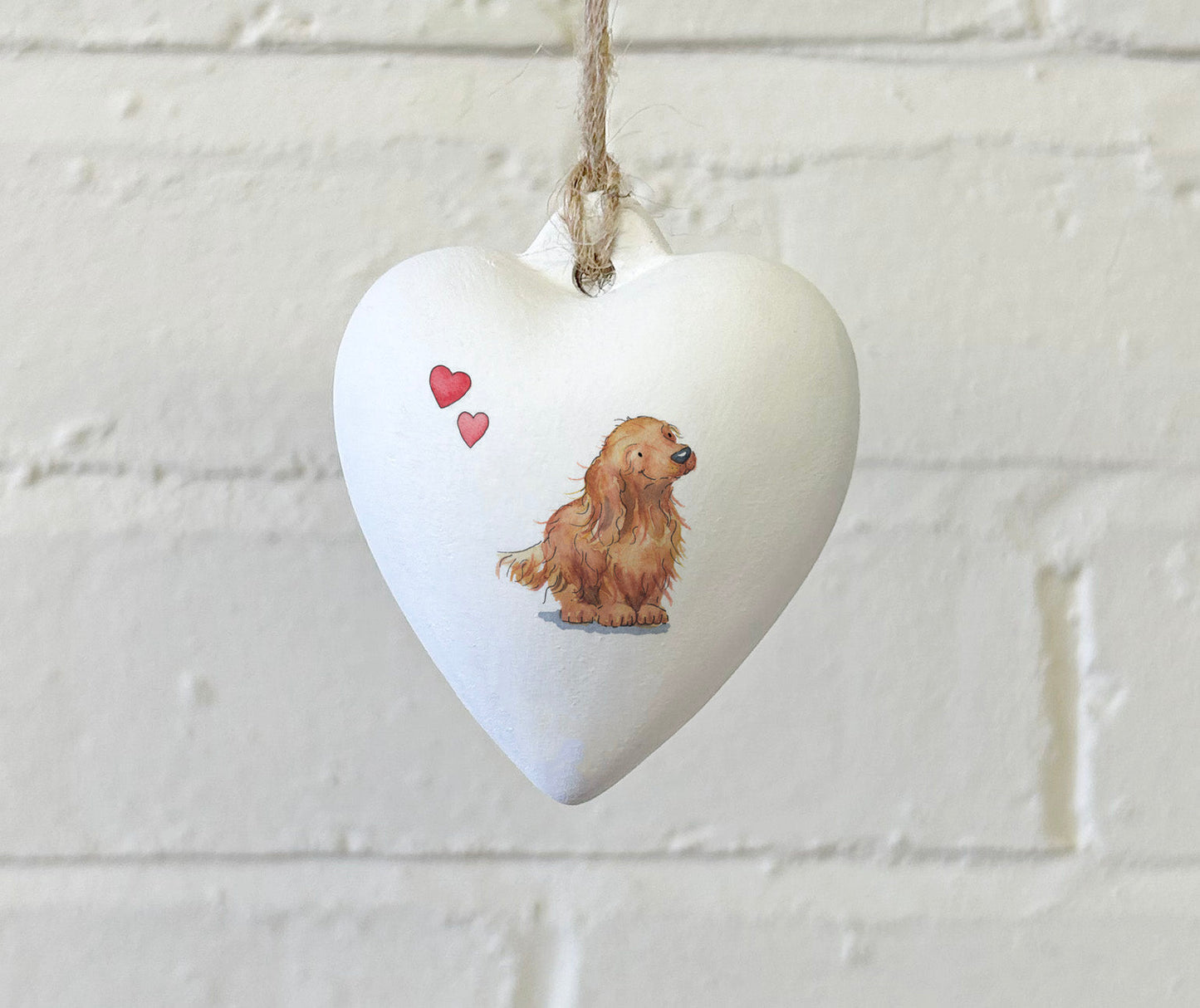 Dachshund Red Longhaired Ceramic Heart Bauble