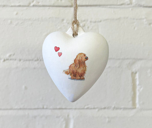 Dachshund Red Longhaired Ceramic Heart Bauble