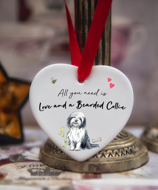 Love and a Bearded Collie Ceramic Heart