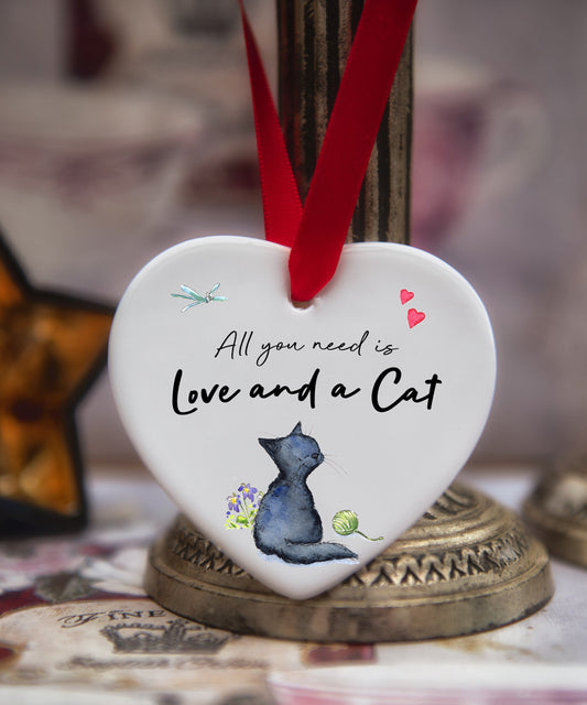 Love and a Cat Black Ceramic Heart