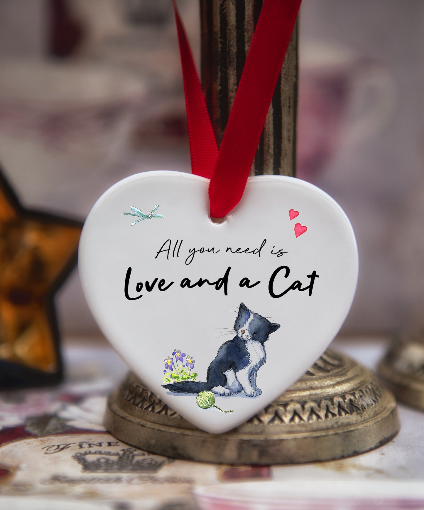 Love and a Cat Black & White Ceramic Heart