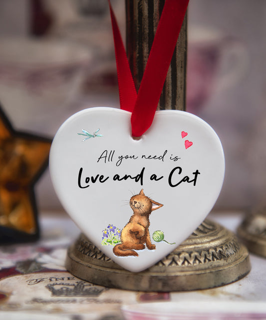 Love and a Cat Brown Ceramic Heart