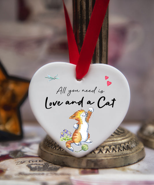 Love and a Cat Ginger & White Ceramic Heart