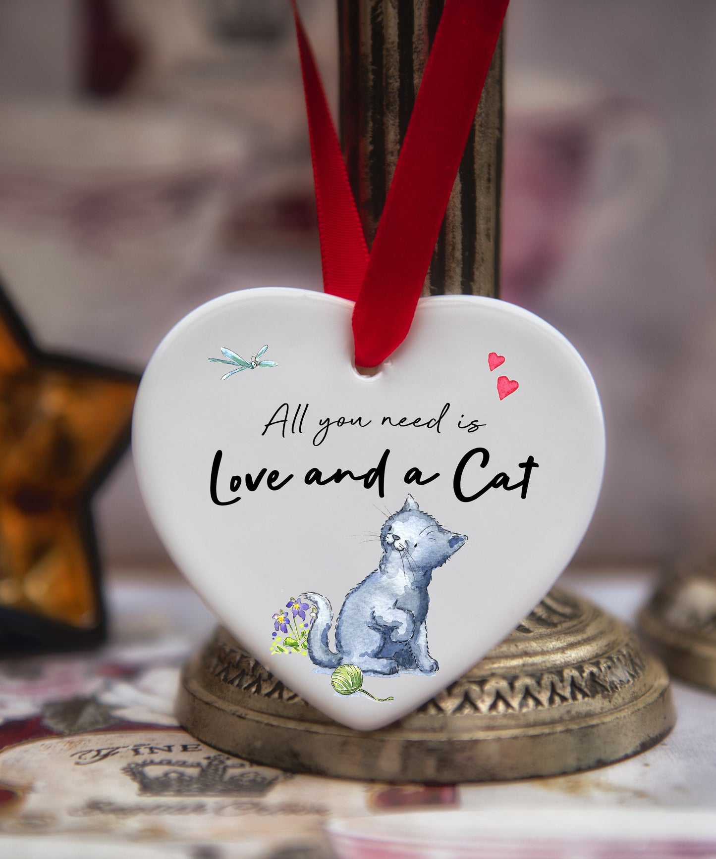 Love and a Cat Grey Ceramic Heart