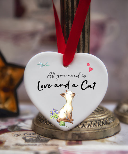 Love and a Cat Siamese Ceramic Heart