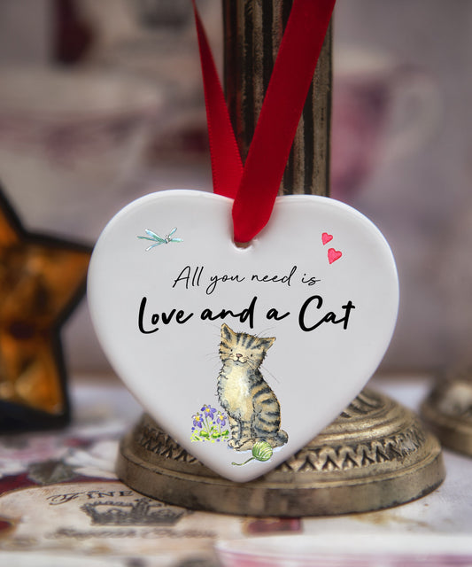 Love and a Cat Tabby Brown & Black Ceramic Heart