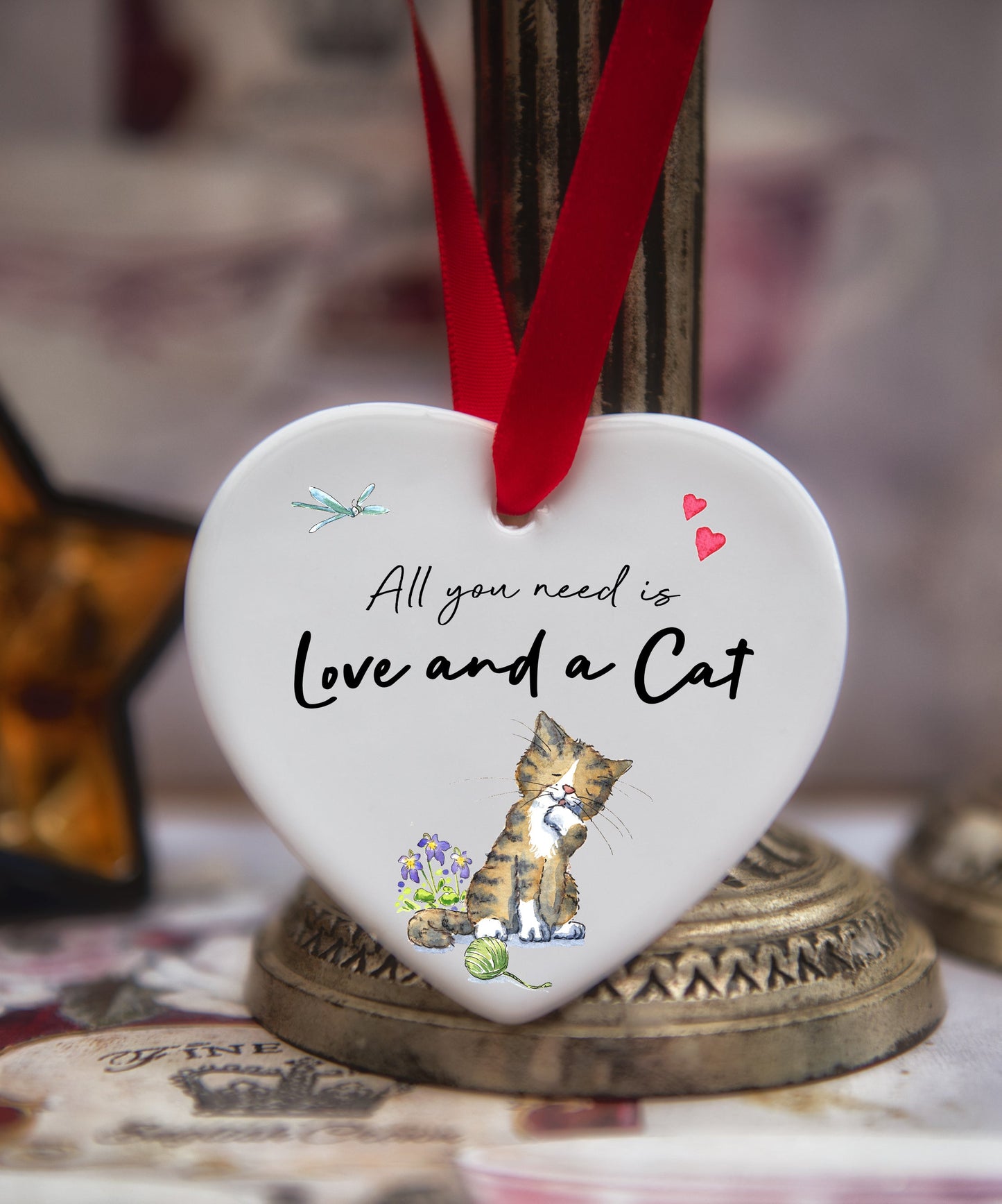 Love and a Cat Tabby Brown & White Ceramic Heart