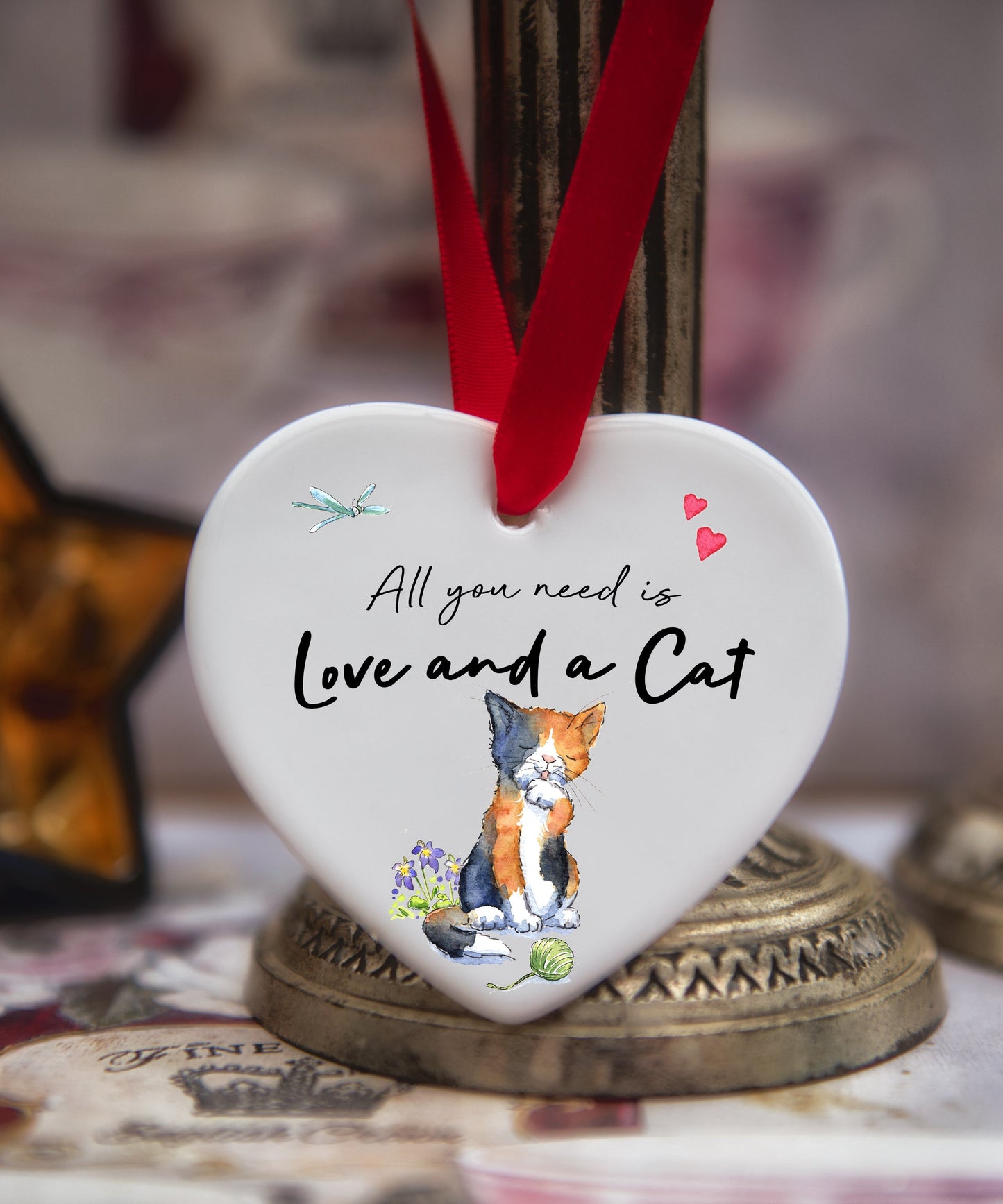 Love and a Cat Tortie Ceramic Heart