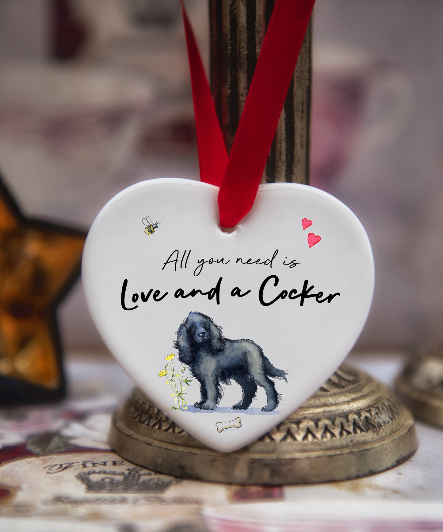 Love and a Cocker Black Ceramic Heart