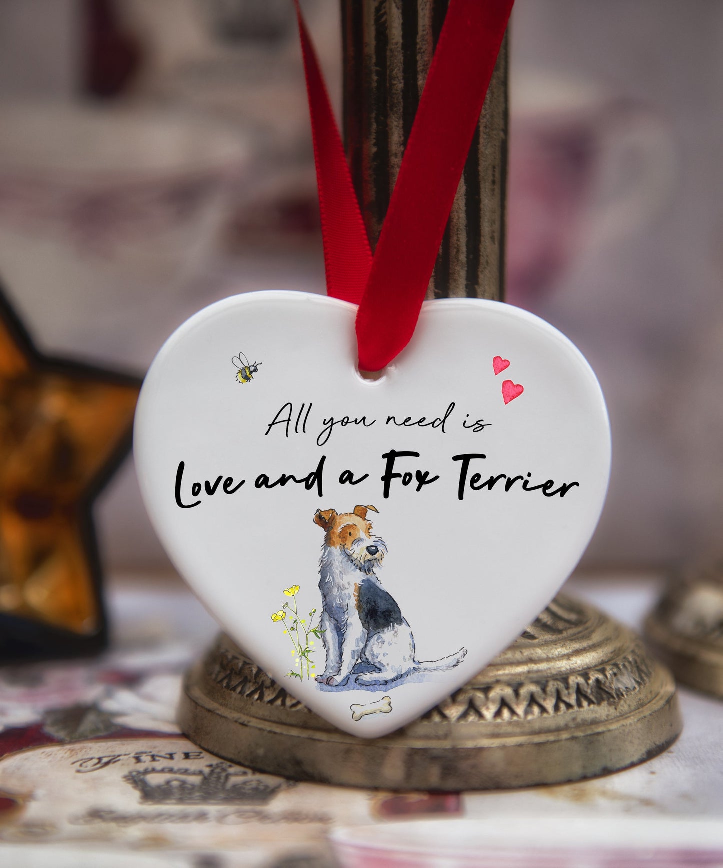 Love and a Fox Terrier Ceramic Heart
