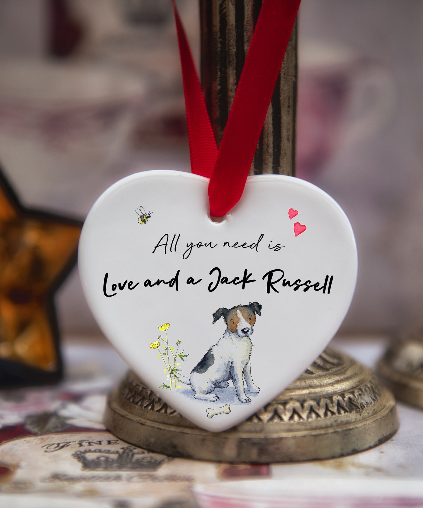 Love and a Jack Russell Sitting Ceramic Heart