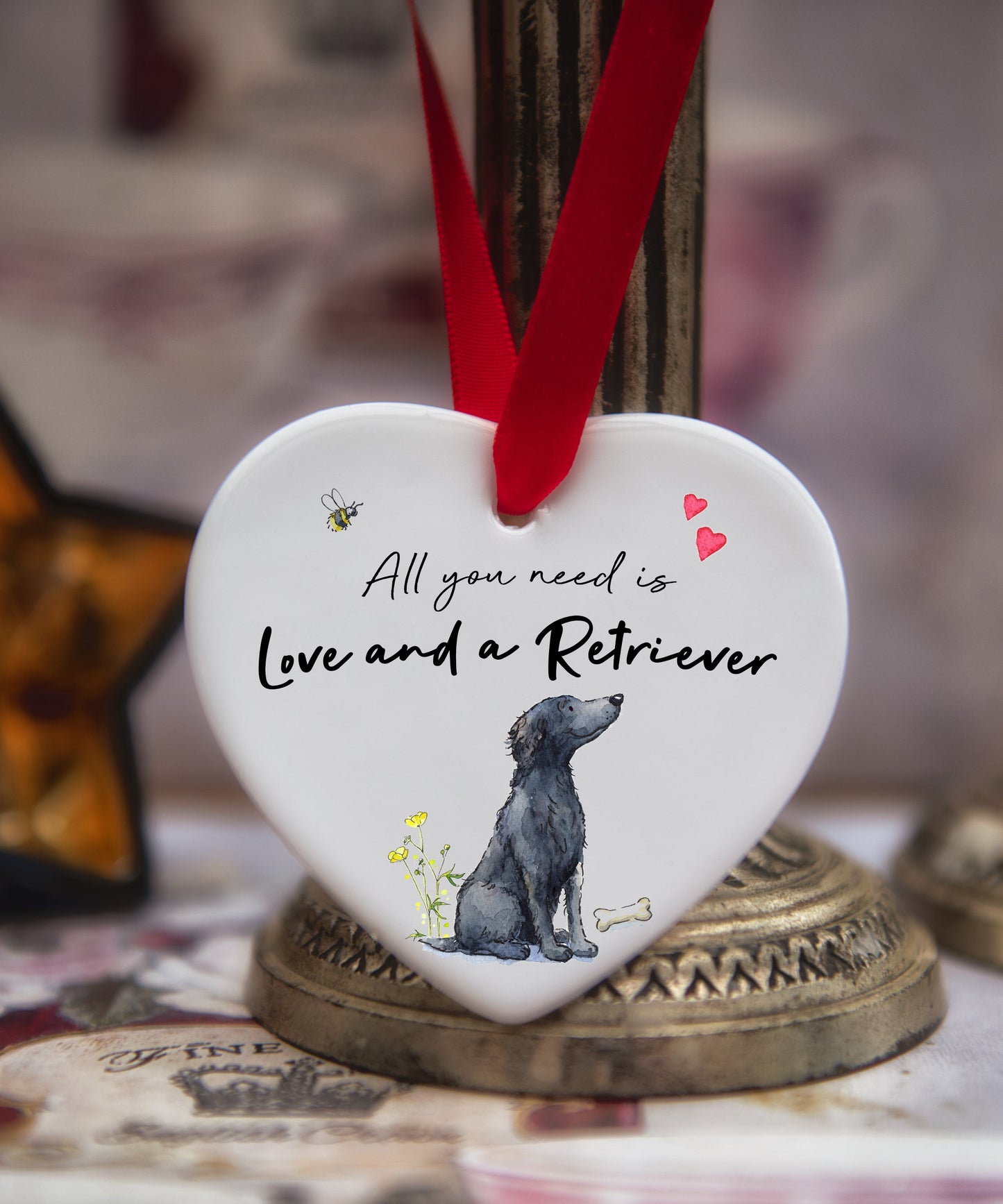 Love and a Flat Coated Retriever Ceramic Heart