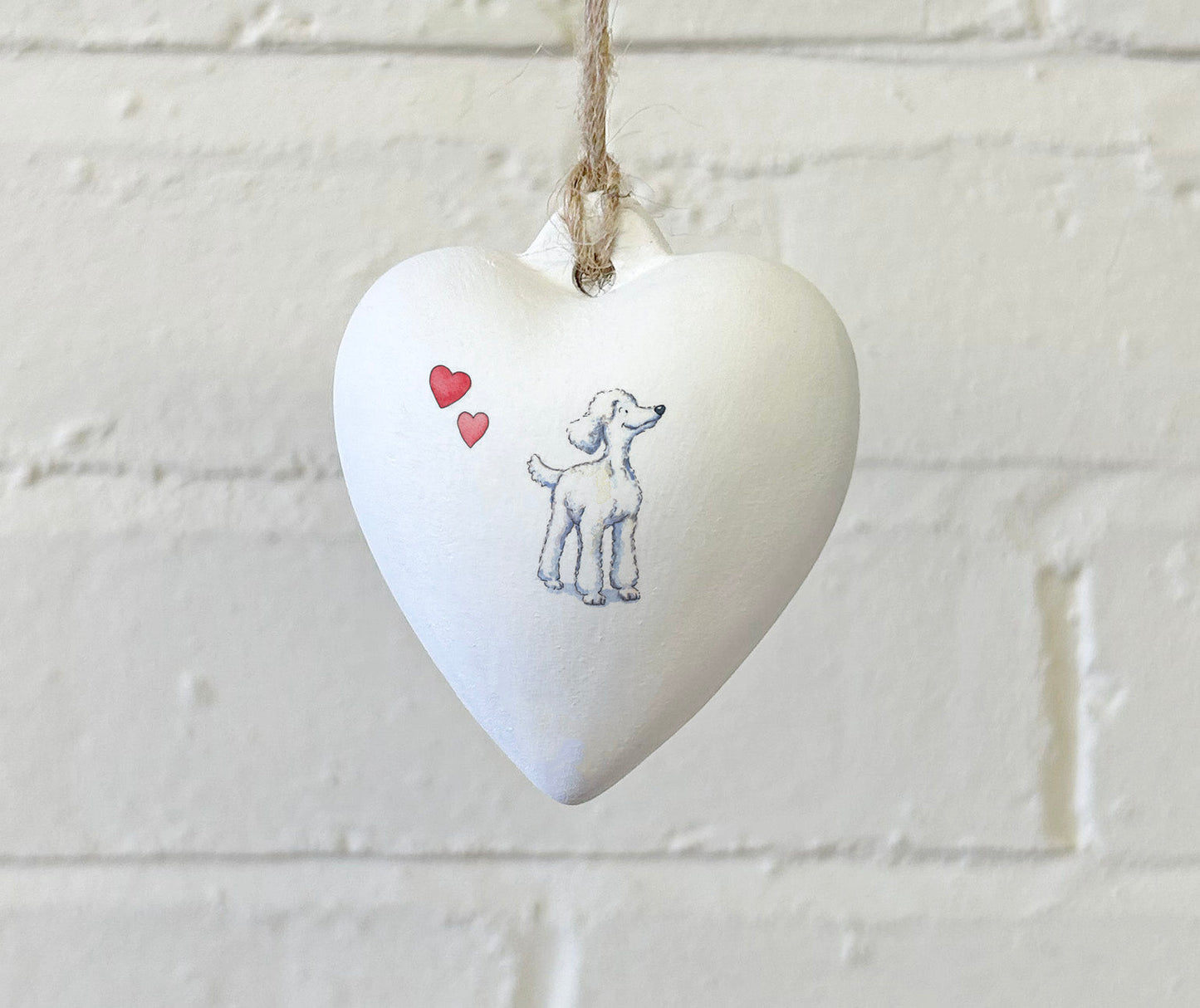 Poodle White Ceramic Heart Bauble