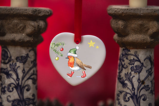 Christmas Bobbin Robin Ceramic Heart