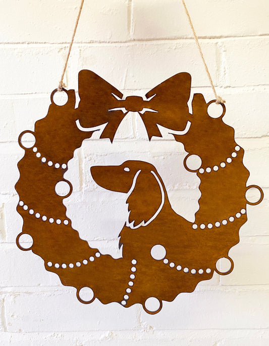 Long-haired Dachshund Festive Wreath - Rustic Festive Decoration - Solid Steel